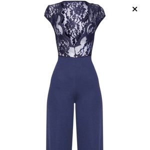 Navy Lace Cap Sleeve Wide Leg Jumpsuit